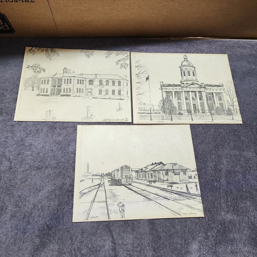 3 original pencil architectural drawings Canton, MS Tommy Smith Vaniz H